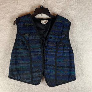 Silkscapes Women's Blue‎ Black Lace Trimmed Button Front Vest Jacket Size L 8749